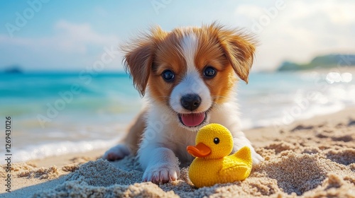 Puppy playing with a yellow rubber duck on the beach during a sunny day by th...