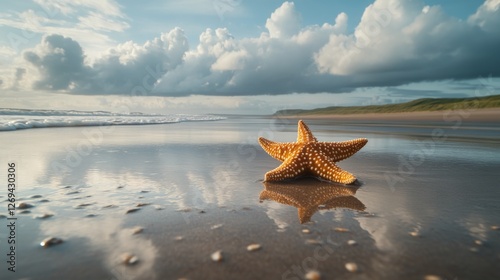 Starfish resting on wet sand at the shoreline during a tranquil day with clou...