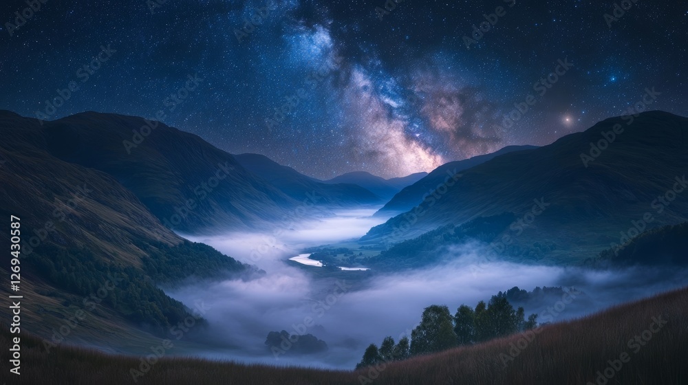 Stunning view of the Milky Way over a misty valley at night showcasing natural beauty Stunning view of the Milky Way over a misty valley at night showcasing natural beauty