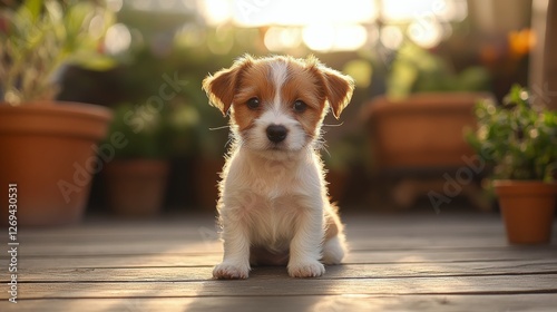 Cute puppy surrounded by plants in a cozy home setting with wooden decor and ...