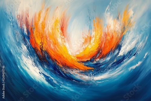 Vivid abstract waves with fiery colors and serene blue backdrop capturing mov...