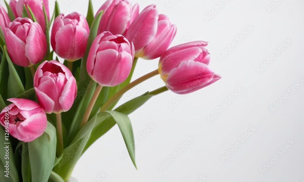 A vibrant bouquet of pink tulips elegantly arranged against a simple white background, showcasing their beauty and freshness. A vibrant bouquet of pink tulips elegantly arranged against a simple white background, showcasing their beauty and freshness.