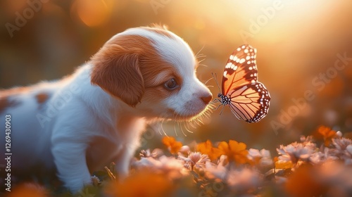 Puppy and butterfly enjoy a moment in a flower-filled garden during sunset