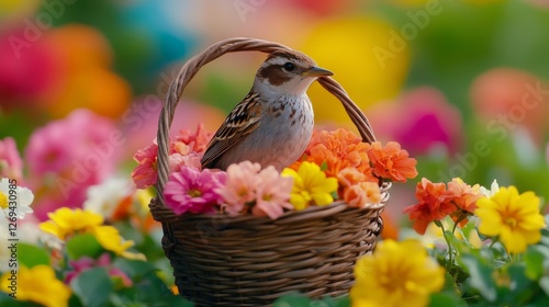 Small bird resting among vibrant flowers in a wicker basket creates a joyful ...
