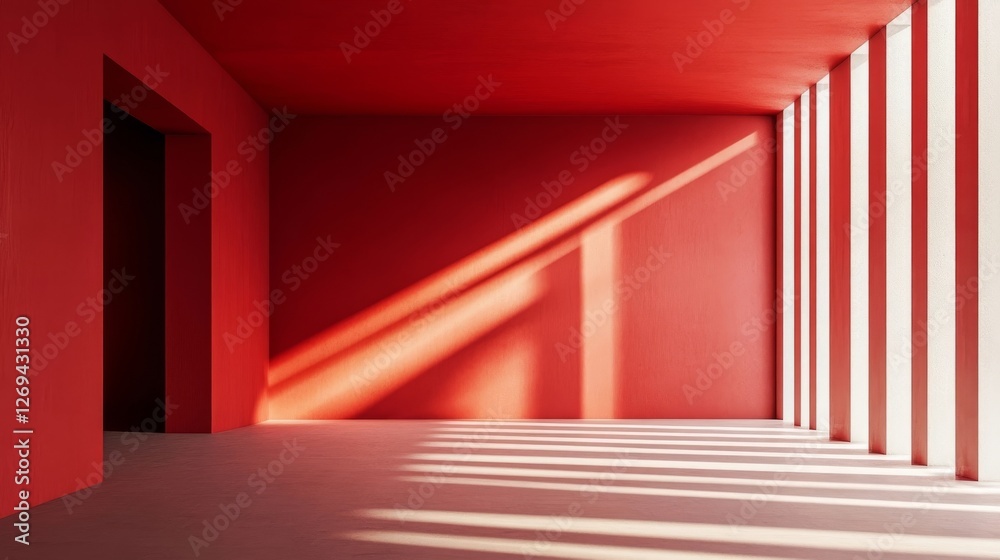 Bright red minimal interior with shadows created by sunlight streaming through vertical windows Bright red minimal interior with shadows created by sunlight streaming through vertical windows