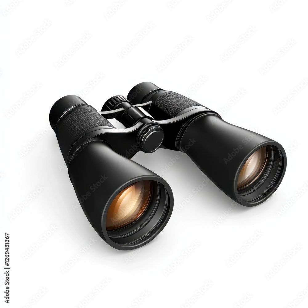 A pair of sleek black binoculars showcasing a modern design with textured grips and amber lenses, positioned on a white background. A pair of sleek black binoculars showcasing a modern design with textured grips and amber lenses, positioned on a white background.