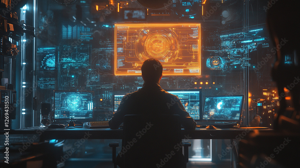 A man is sitting in front of a computer monitor with a glowing orange screen. The computer monitor displays a complex array of data and the man is focused on the screen. Scene is intense and focused A man is sitting in front of a computer monitor with a glowing orange screen. The computer monitor displays a complex array of data and the man is focused on the screen. Scene is intense and focused
