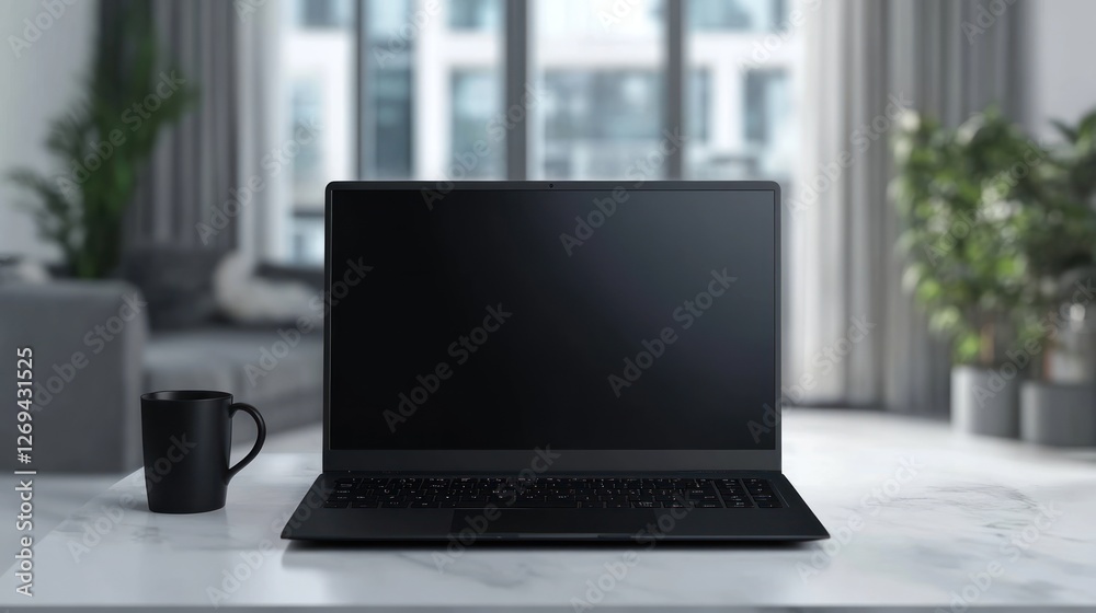 Modern laptop on marble desk in bright living room Modern laptop on marble desk in bright living room