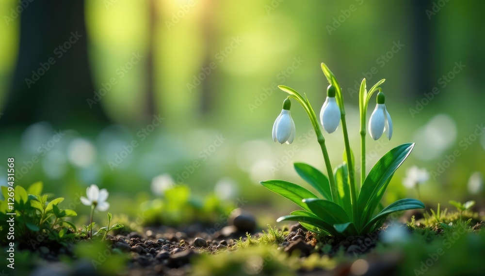 Obraz premium Delicate snowdrop flowers carpeting a serene forest floor, peaceful, serene