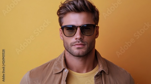 Stylish young man with sunglasses poses confidently in a vibrant pink room
