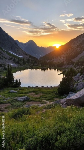 Sunset over a tranquil lake surrounded by mountains with vibrant colors refle...
