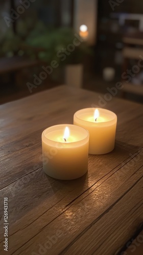 Warm glow of candles on a rustic wooden table in a cozy living room setting