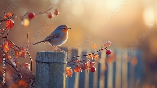 Bird perched on a wooden post surrounded by autumn colors in the golden hour ...
