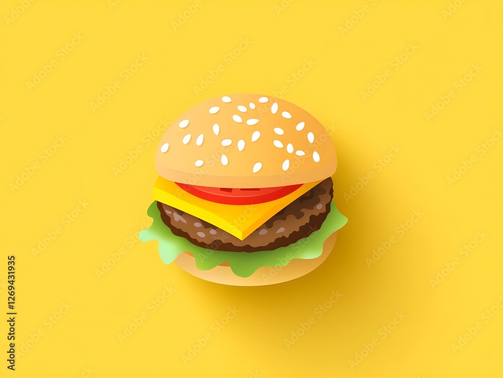 Colorful and appetizing burger with cheese, lettuce, and tomato on a bright yellow background Colorful and appetizing burger with cheese, lettuce, and tomato on a bright yellow background