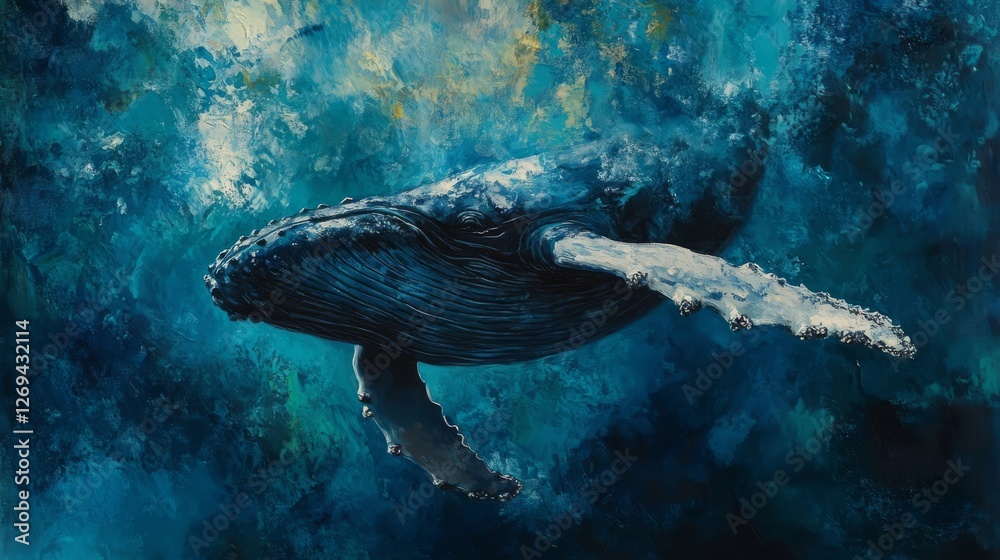 Fototapeta premium Humpback whale gracefully swimming beneath the ocean surface in vivid blue hues during daylight hours