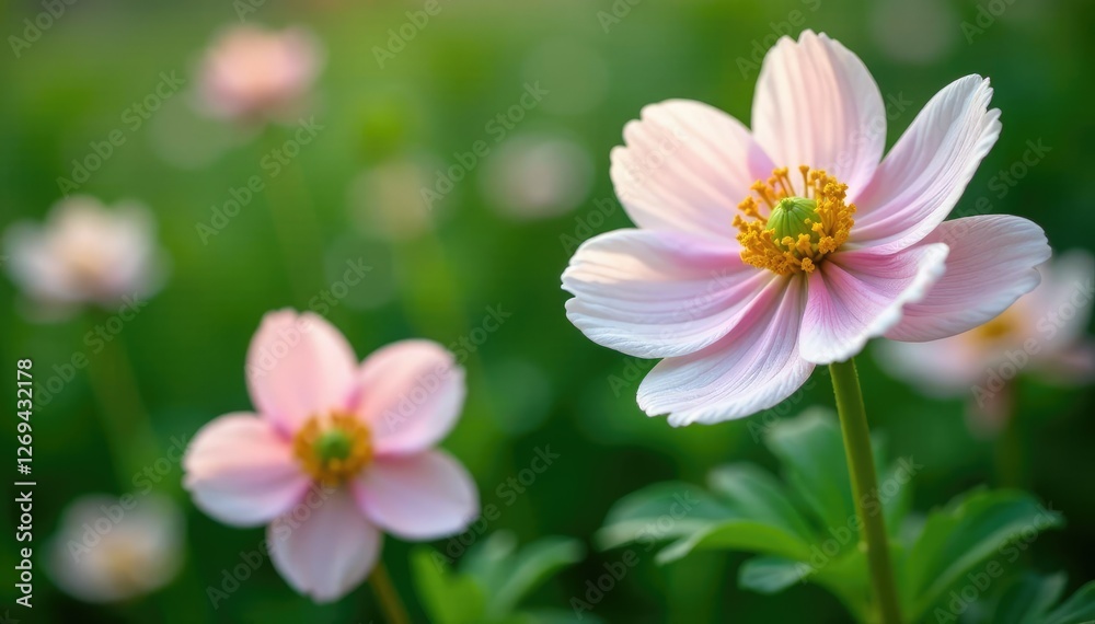 Delicate white pink anemone flowers blooming on a lush green stem, stems, flowers Delicate white pink anemone flowers blooming on a lush green stem, stems, flowers