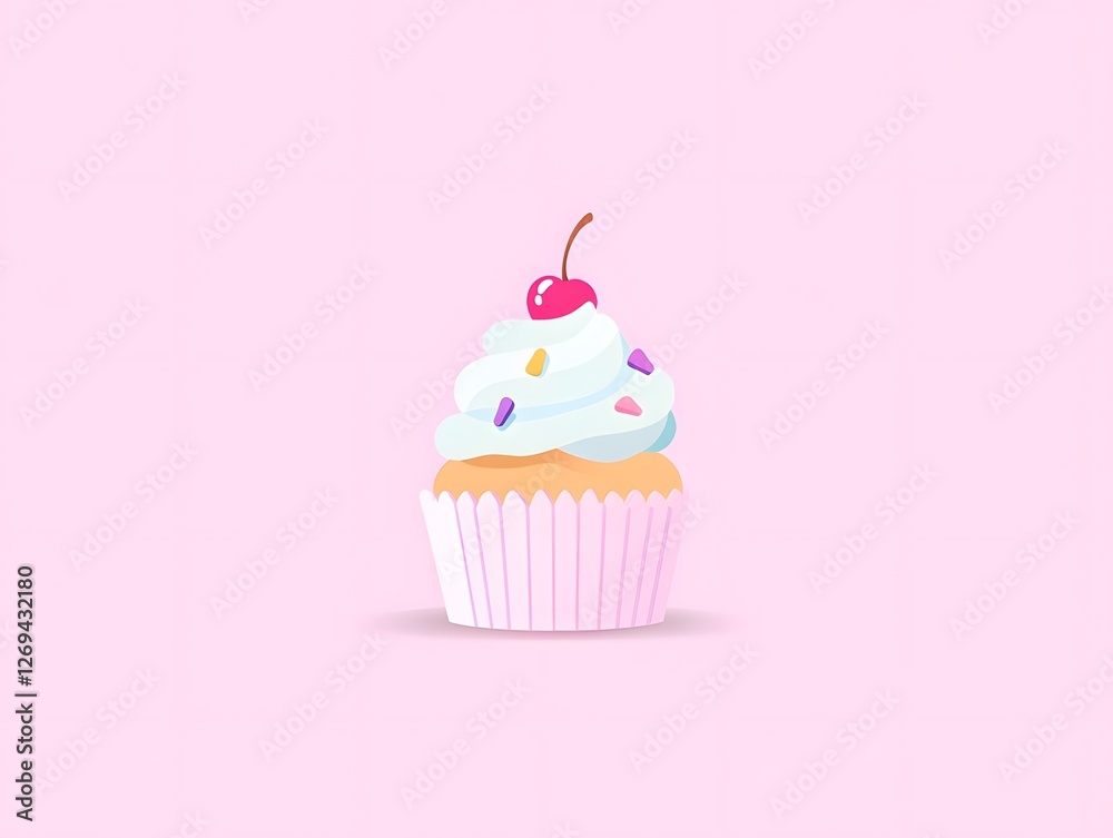 Colorful cupcake with cherry topping on a pastel pink background creating a playful dessert atmosphere Colorful cupcake with cherry topping on a pastel pink background creating a playful dessert atmosphere