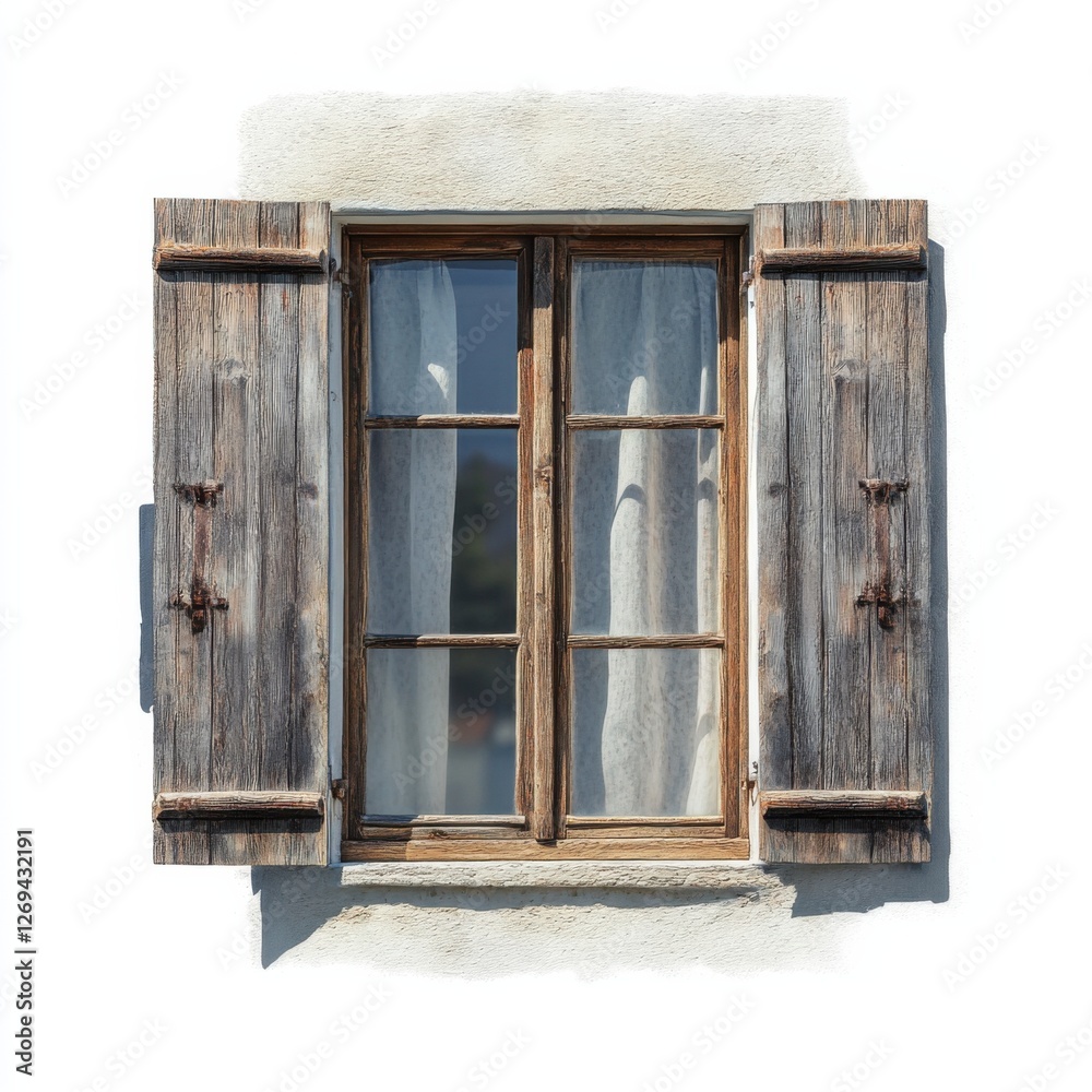 A rustic wooden window with built-in shutters partially open, revealing sheer curtains, set against a white wall. A rustic wooden window with built-in shutters partially open, revealing sheer curtains, set against a white wall.
