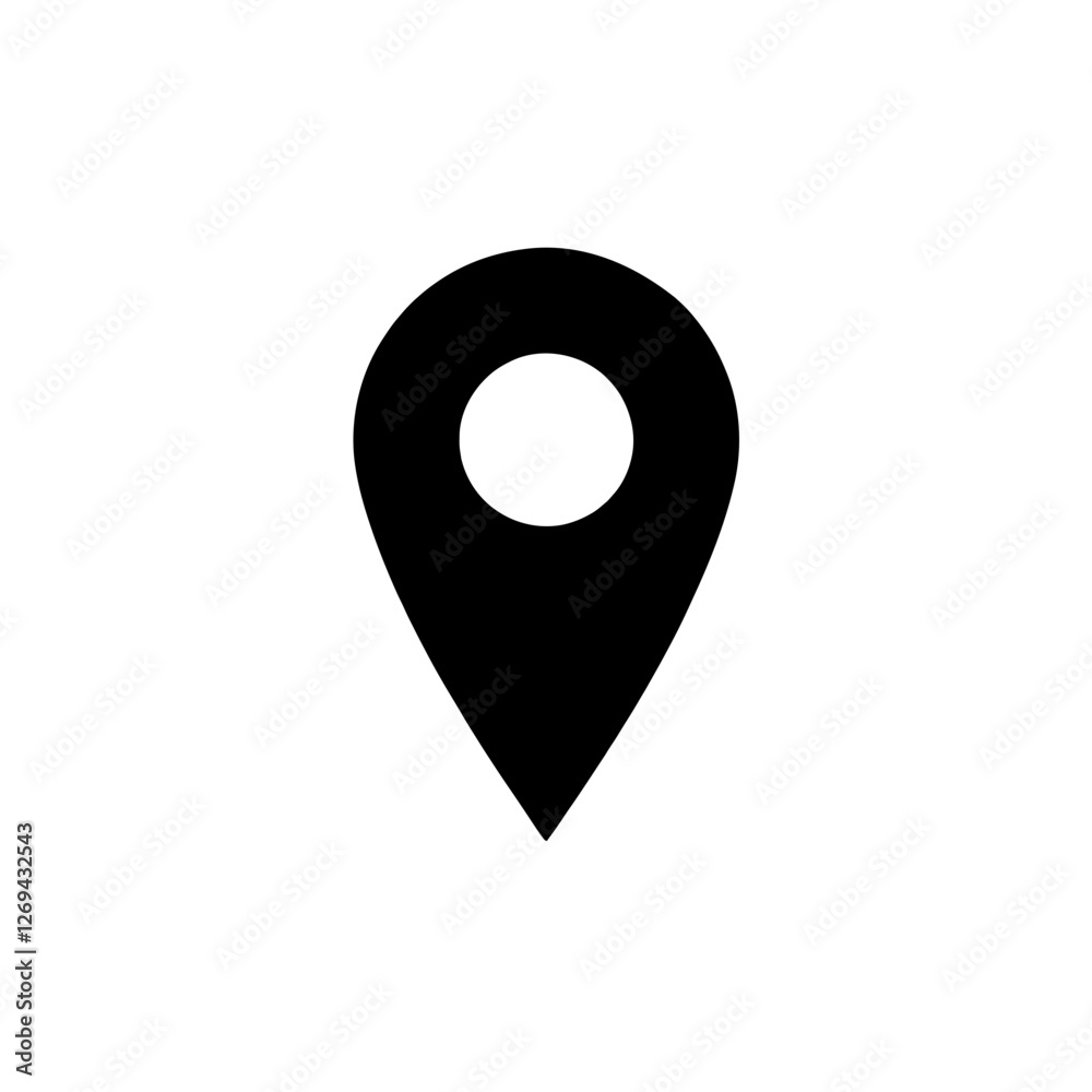 Minimalist black silhouette of a location pin marker with circular cutout Minimalist black silhouette of a location pin marker with circular cutout