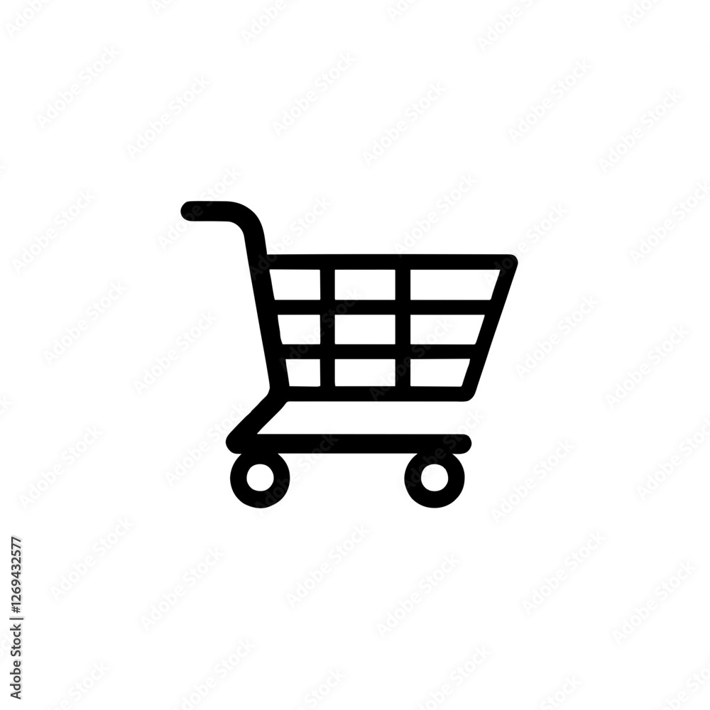 Minimalist black silhouette of a shopping cart on white background Minimalist black silhouette of a shopping cart on white background