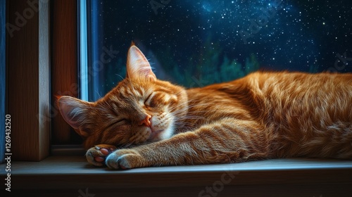 Cat peacefully sleeping by a window under a glowing moonlit night