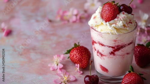 Delicious strawberry dessert served in a glass with whipped cream and cherry ...