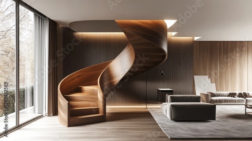 Modern spiral staircase enhances the elegance of a minimalist living room with large windows overlooking nature