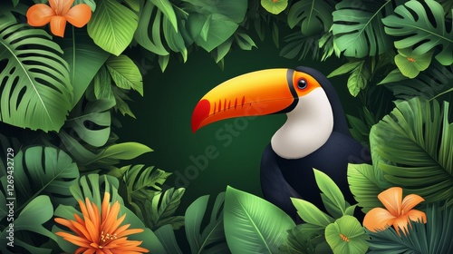Colorful toucan surrounded by lush tropical foliage in a vibrant rainforest s...