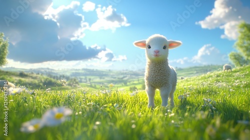 Adorable young lamb standing on bright green grass in a sunny meadow setting
