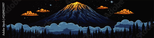 Stunning Vector Art of Majestic Mountain with Glowing Orange Clouds, Night Sky Stars, and Silhouette of Pine Forest Against a Black Background