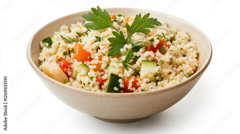 Fresh vegetable couscous salad with parsley garnish in bowl on white background Fresh vegetable couscous salad with parsley garnish in bowl on white background