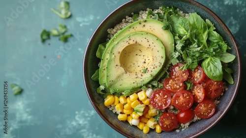Vibrant avocado and veggies on a bright yellow background highlight fresh pro...