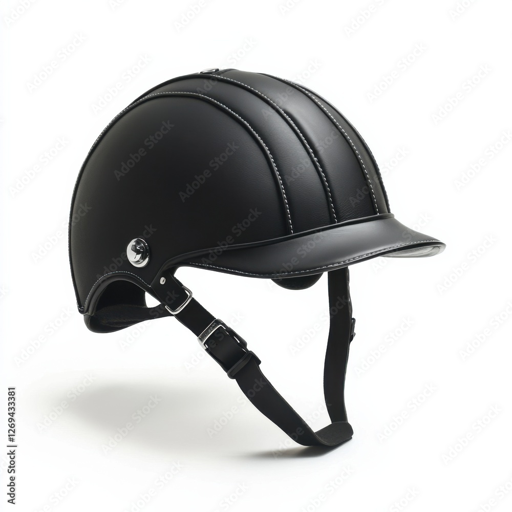 Fototapeta premium A sleek black riding helmet featuring a smooth leather finish and stylish stitching, designed for equestrian sports.