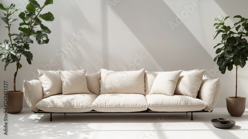 Sunlit modern living room with soft sofa and decorative cushions in warm even...