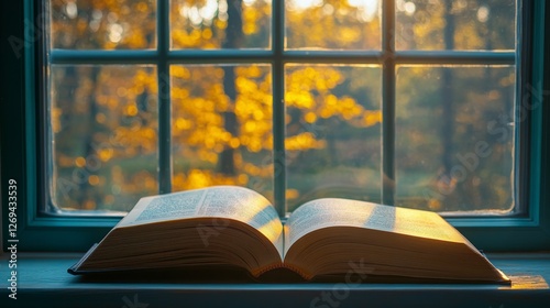 Morning sunlight illuminates an open book by a window surrounded by greenery ...