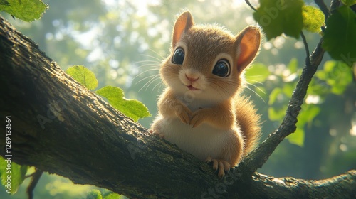 Squirrel perched on branch bathed in soft sunlight among lush green leaves