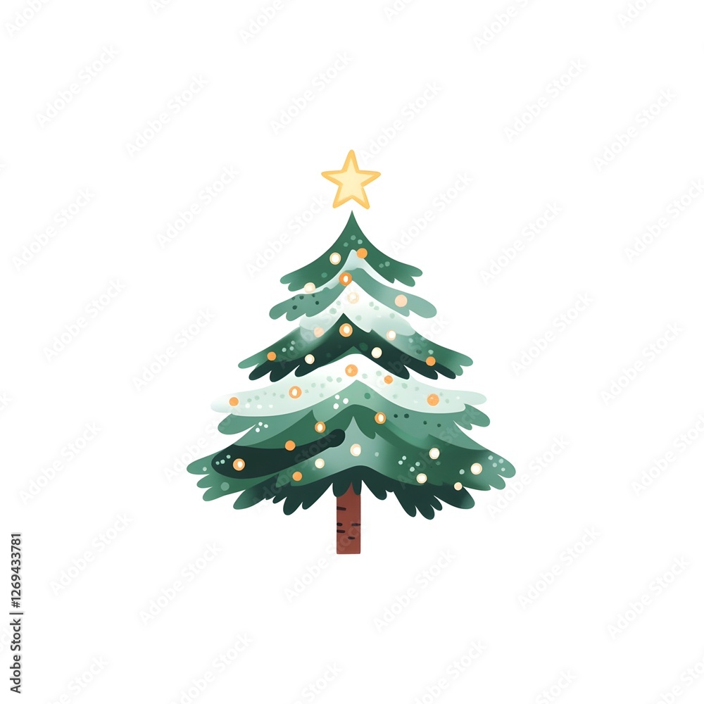 Fototapeta premium Holiday decoration on a Christmas tree featuring snow-tipped branches and colorful ornaments under a bright star