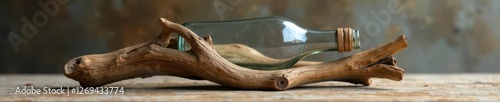 Weathered driftwood base with a twisted, organic shape, cradling a curved glass bottle, texture, earthy