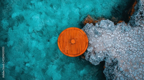 Coastal wooden lid, turquoise water, rocky shore, aerial view, vacation photo