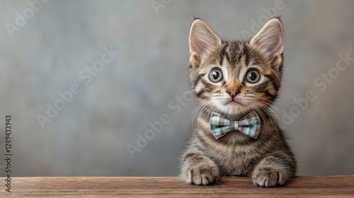 Cute tabby kitten wearing a bow tie poses adorably on a wooden surface agains...