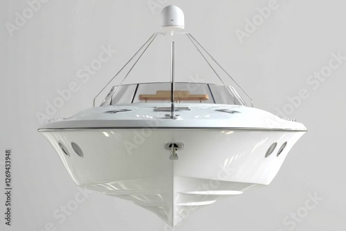 A sleek white boat seen from the front, featuring a stylish design and a modern radar mounted on top. The interior is visible through the clear windshield, showcasing a wooden element.