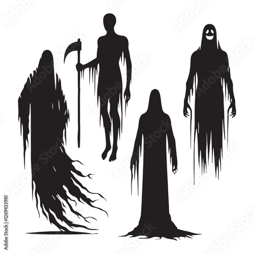 The cursed entity Ghost silhouette, forever lost in time - Ghost illustration - Minimalist Ghost vector - Mythical creature - Horror silhouette
