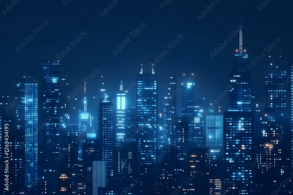 Obraz premium Vibrant city skyline illuminated at night showcasing modern architecture and glowing lights in a bustling urban environment