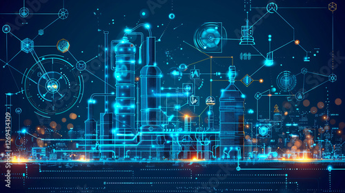 A futuristic infographic-style image showcasing the process of grey hydrogen production with chemical symbols and energy flow. 