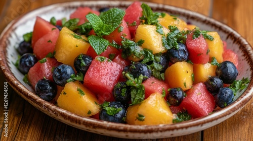 Fresh fruit salad with mint on a rustic wooden table