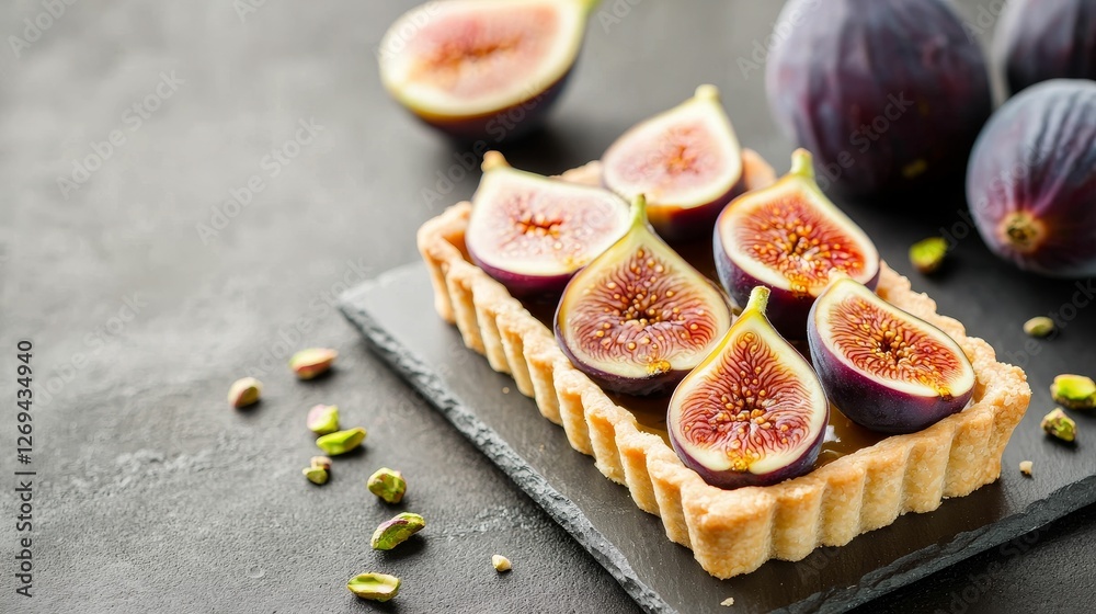 A delicious fig tart topped with fresh, sliced figs, presented on a slate plate, with whole figs and pistachios nearby. A delicious fig tart topped with fresh, sliced figs, presented on a slate plate, with whole figs and pistachios nearby.