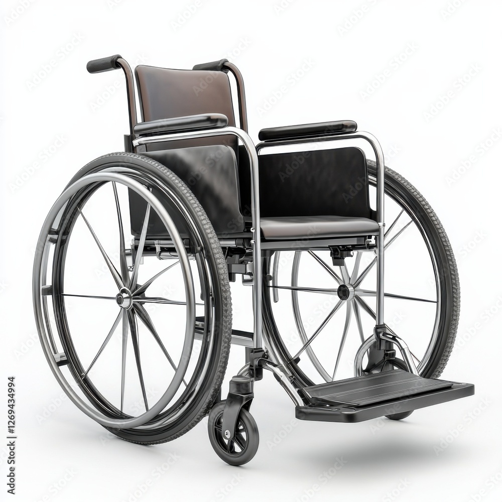 Fototapeta premium A sleek, modern wheelchair featuring a chrome frame, black upholstery, and large wheels, positioned against a white background.