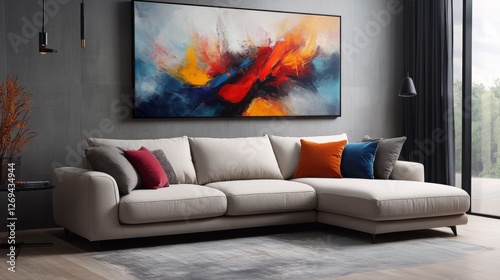 Modern living room with abstract art and stylish furniture in natural light