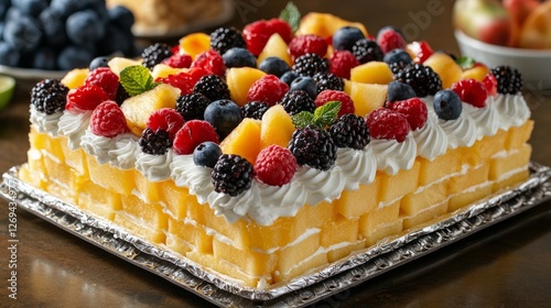 Delicious cake topped with fresh berries and cream ready for celebration at a...