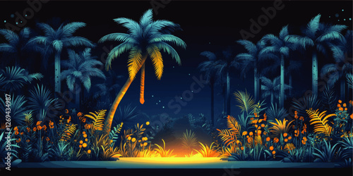 Stunning Tropical Jungle at Night with Illuminated Campfire and Palm Trees, Starry Sky, Exotic Foliage, Lush Plants, and Wild Orange Flowers in a Mystical Forest